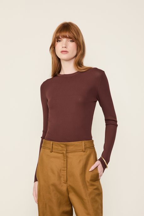 Blusa De Tricot Canelado Manga Longa Básica Marrom Dries - GG