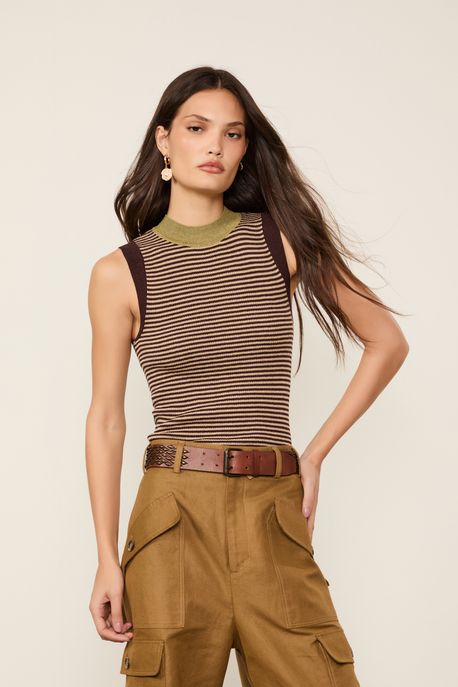 Regata De Tricot Com Lurex Listrada Marrom Dries - M