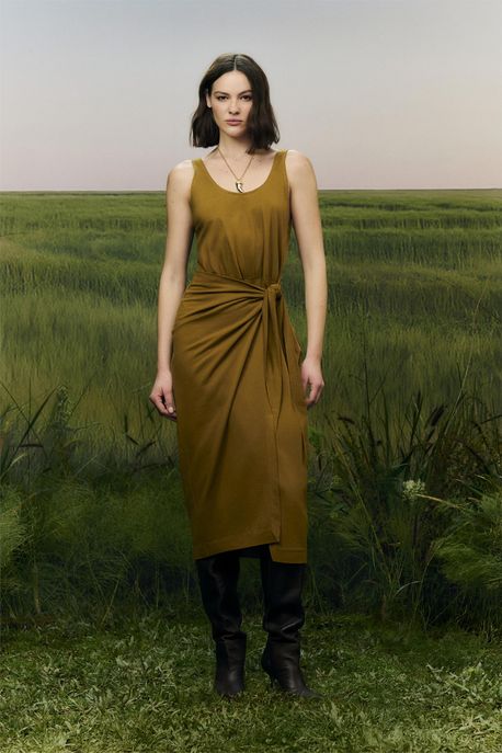 Vestido De Malha Regata Com Amarração Pareô Verde Antique - M