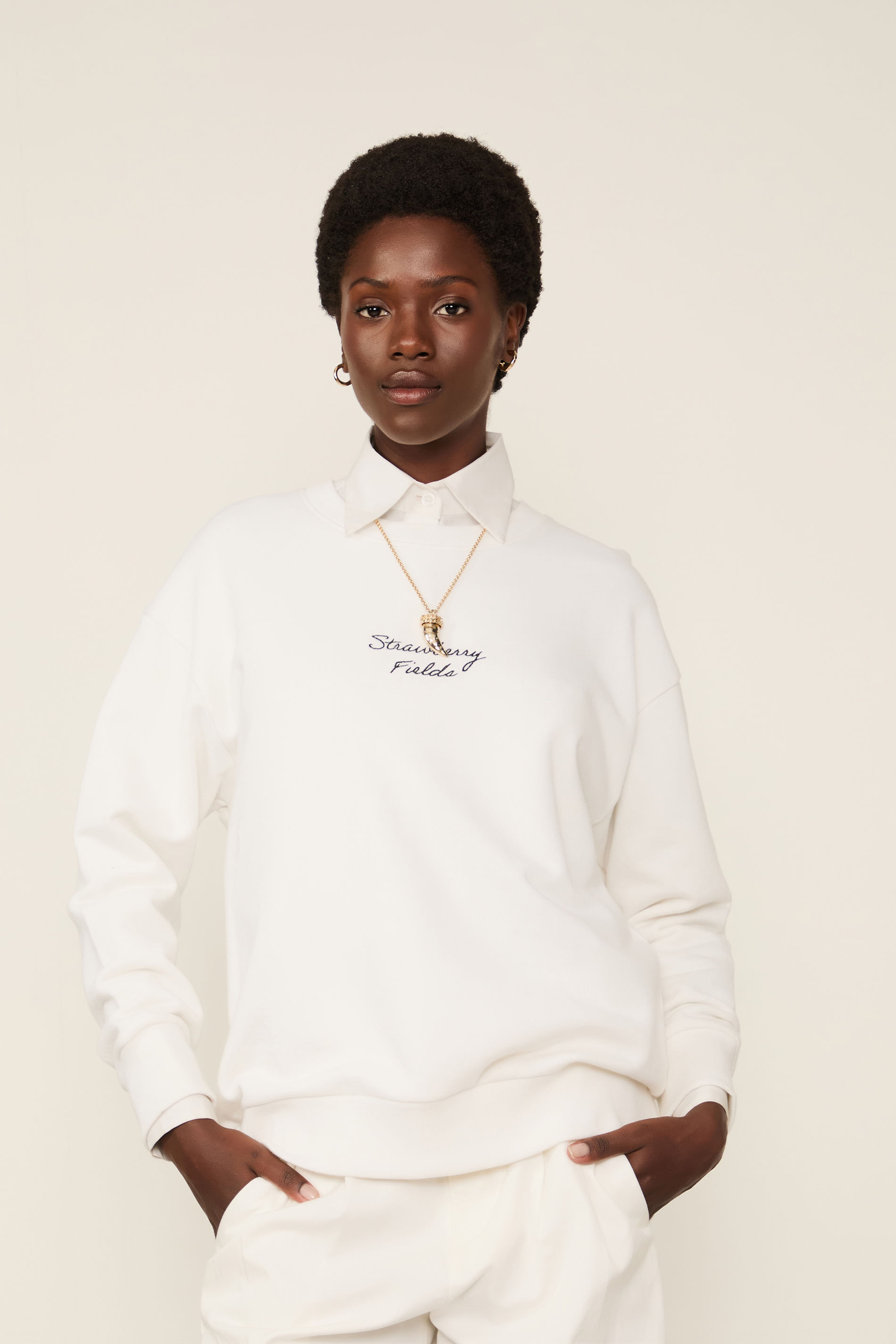 Casaco De Moletom Com Silk Em Organza Off White