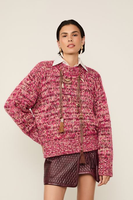 Blusão De Tricot Pull Pontos Mix Rosa Pink/ Bege - M