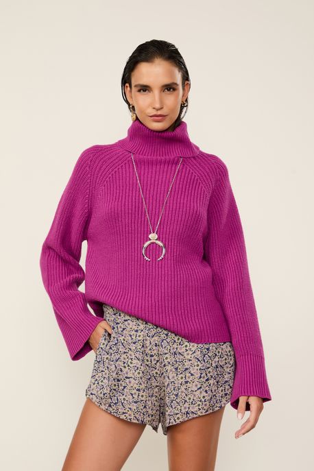 Blusão De Tricot Pull Roxo Paisley Com Gola Alta Roxo Paisley - G