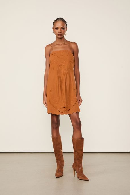 Vestido Curto Com Linho Bordado Marrom Laranja Veludo - 38