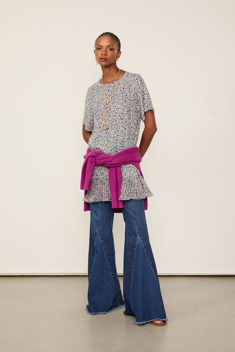 Vestido De Georgette Curto Estampado Com Barra Plissada Est Liberty Pallenberg Azul - 42