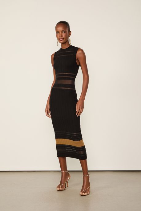 Vestido De Tricot Midi Listra Constrastante e Detalhes Transparencia Preto/ Amarelo Lua - P