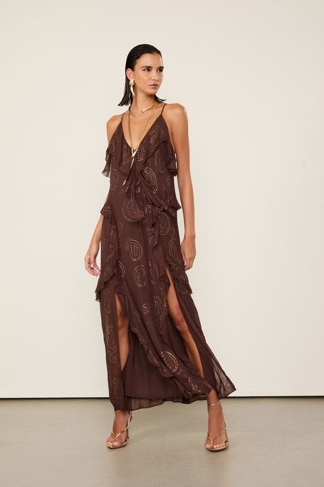 Ventido Alcinha De Georgette Longo Marrom Dries Com Hot Fix Marrom Dries - 40