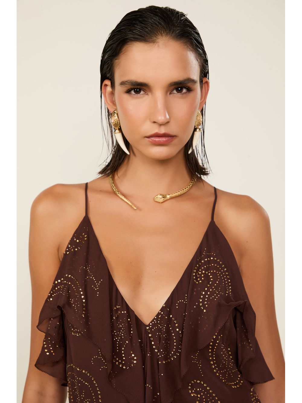 Animale — Ventido Alcinha De Georgette Longo Marrom Dries Com Hot Fix