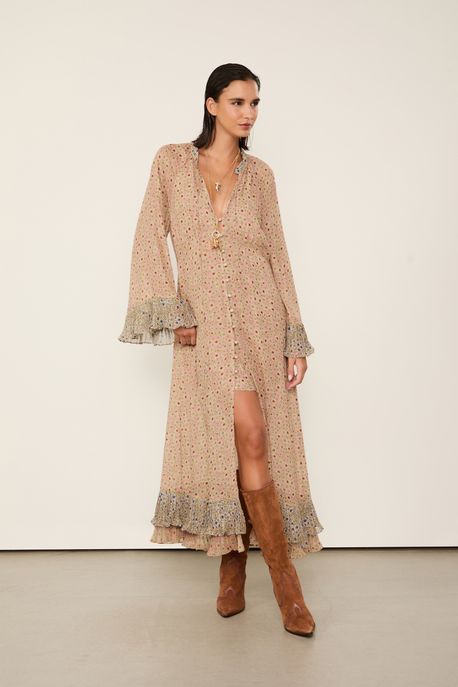 Vestido De Georgette Longo Estampado Com Detalhe Plissado Est Liberty Pallenberg Rosa - 44