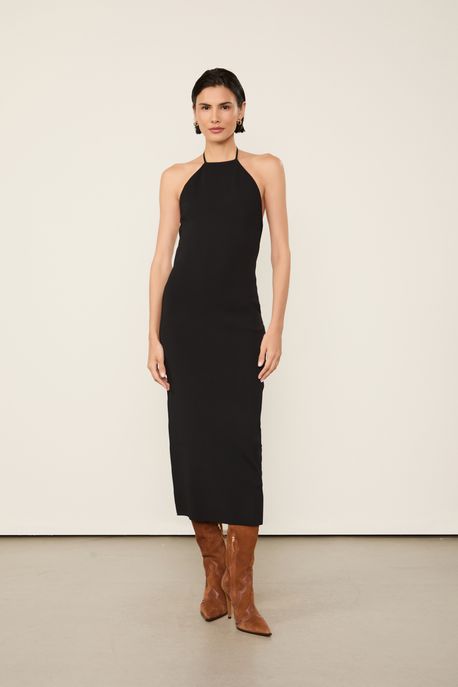 Vestido De Tricot Midi Com Tira Dupla Costas e Fechamento Metal Preto Velvet - P