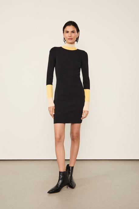 Vestido De Tricot Curto Detalhe Listra Larga Punho e Gola Preto Velvet/ Laranja Veludo/ Bege Sisal - P