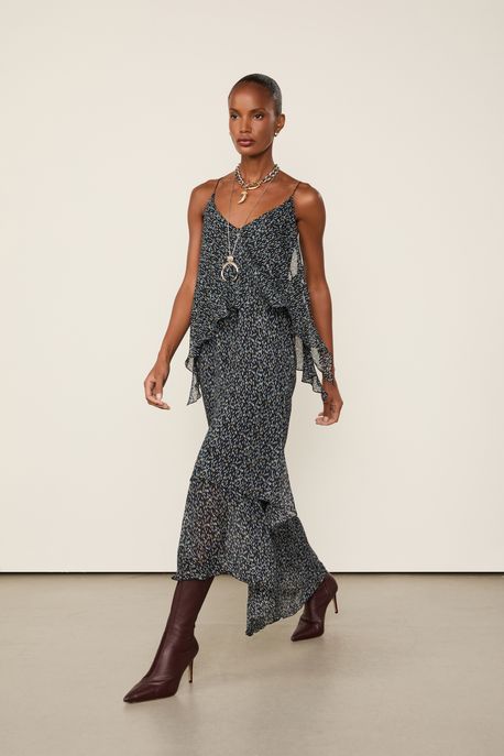 Vestido De Georgette Leve Midi Camadas De Alça Estampado Est Textura Drops Preto e Azul - 38