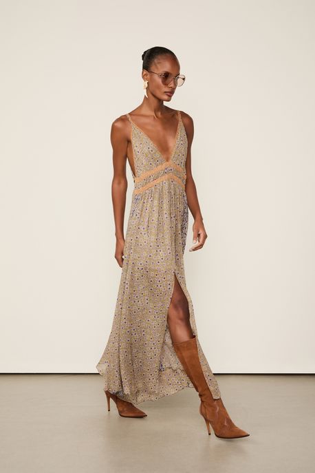 Vestido De Georgette Longo De Alça Estampado Com Fenda Est Liberty Pallenberg Color - 38