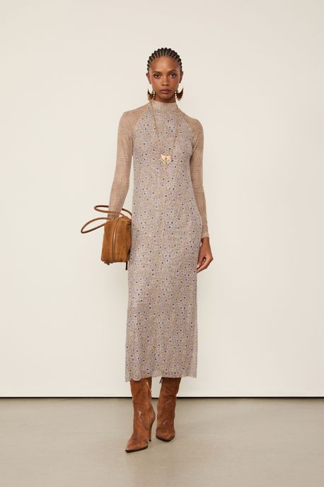 Vestido De Tule Duplo Gola Alta Com Manga Longa Liberty Est Liberty Pallenberg Color - G