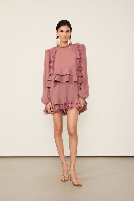 Vestido De Seda Curto Com Manga Longa e Detalhe De Babados Marrom Rose - P