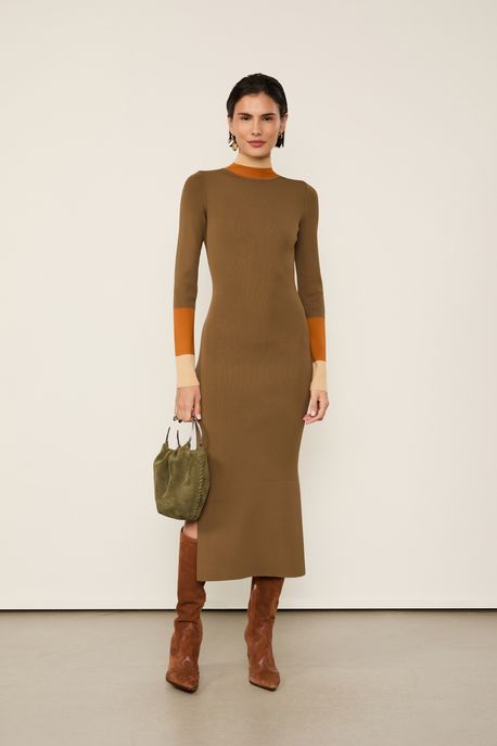 Vestido De Tricot Midi Detalhe Listra Larga Punho e Gola Verde Marche/ Laranja Veludo/ Bege Sisal - G