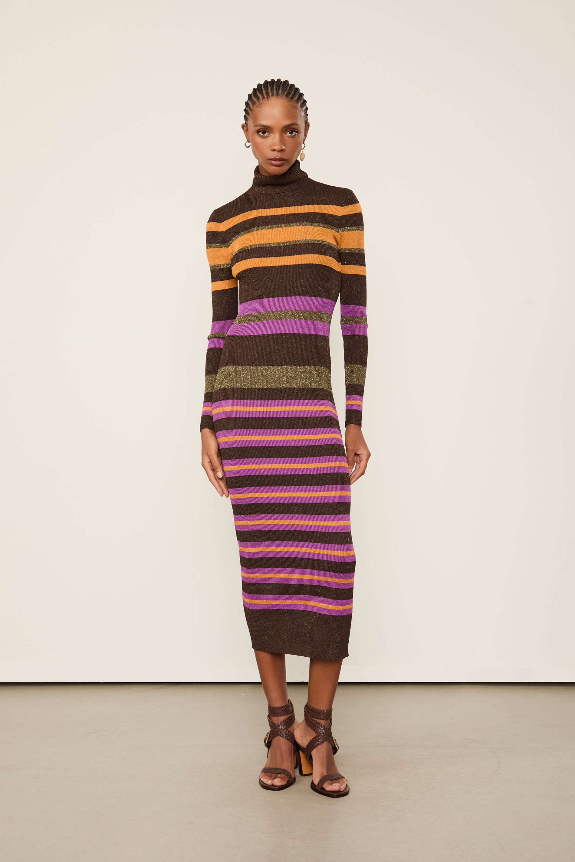 Vestido De Tricot Midi Colorido Listrado Com Lurex Gola Alta
