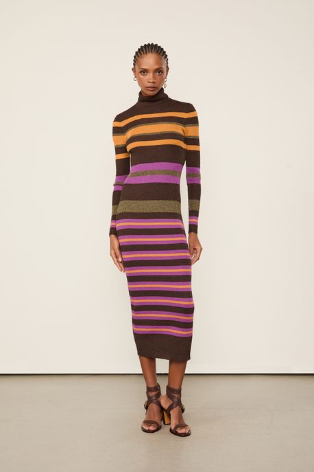 Vestido De Tricot Midi Colorido Listrado Com Lurex Gola Alta Marrom Dries/Verde Marche/Laranja Veludo - M