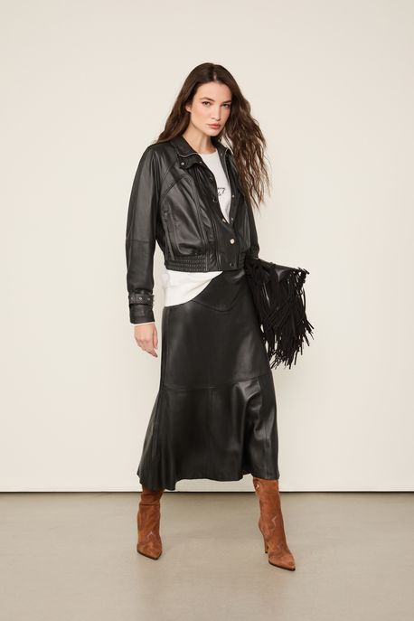 Saia De Couro Midi Recorte Corset Preto - 42