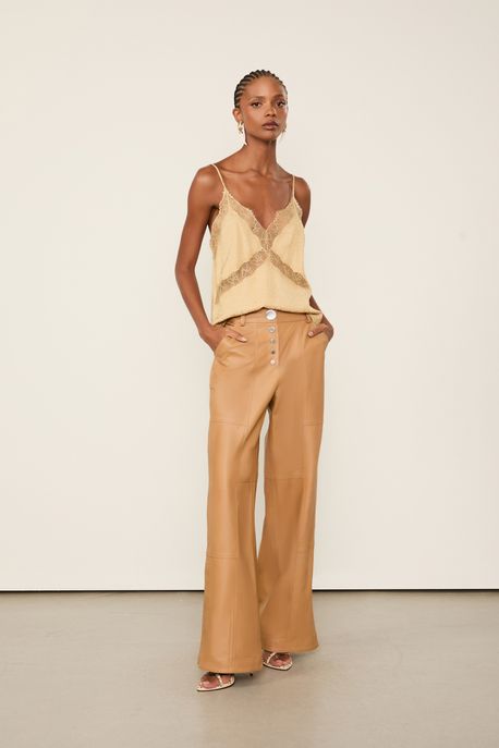 Calça De Couro Mix Botões Bege Sisal - 38