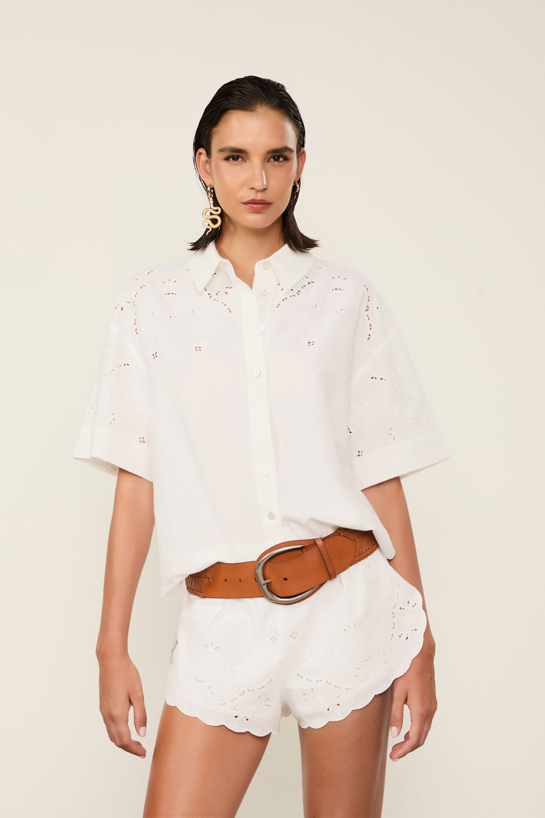 Camisa Com Linho Oversized Manga Curta Bordada Off White