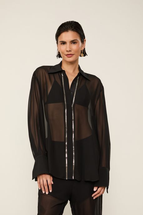 Camisa De Georgette Preta Manga Longa Com Strass Preto - 36