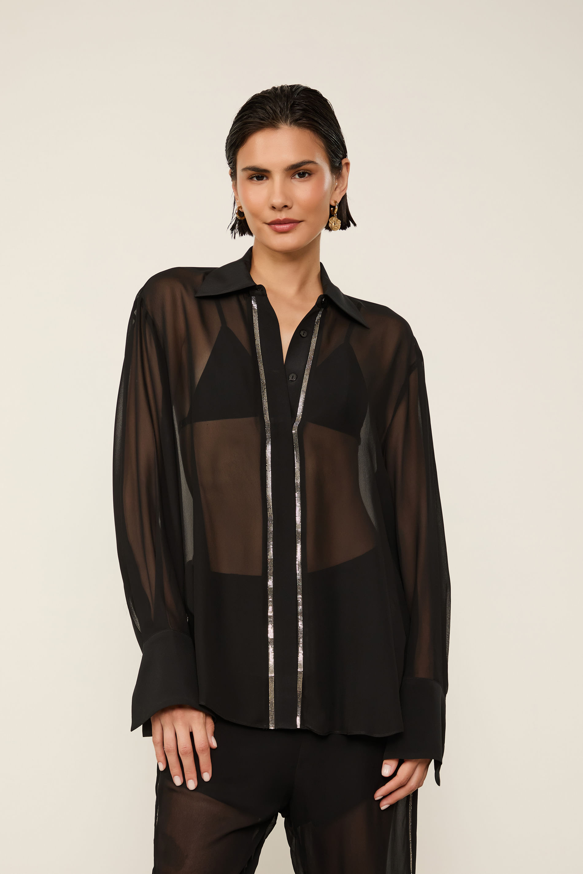 Camisa De Georgette Preta Manga Longa Com Strass