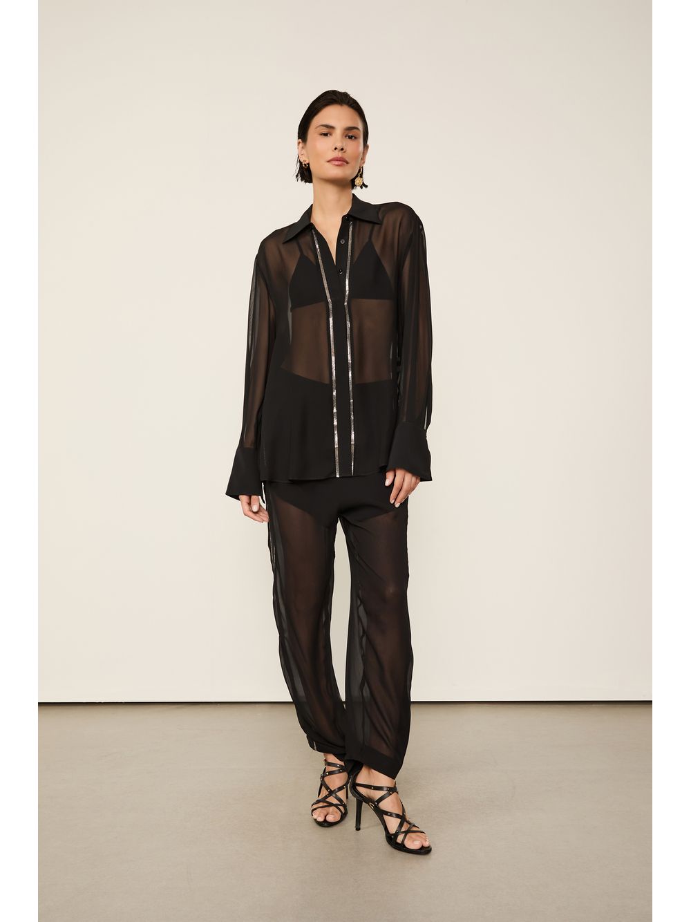 Animale — Camisa De Georgette Preta Manga Longa Com Strass
