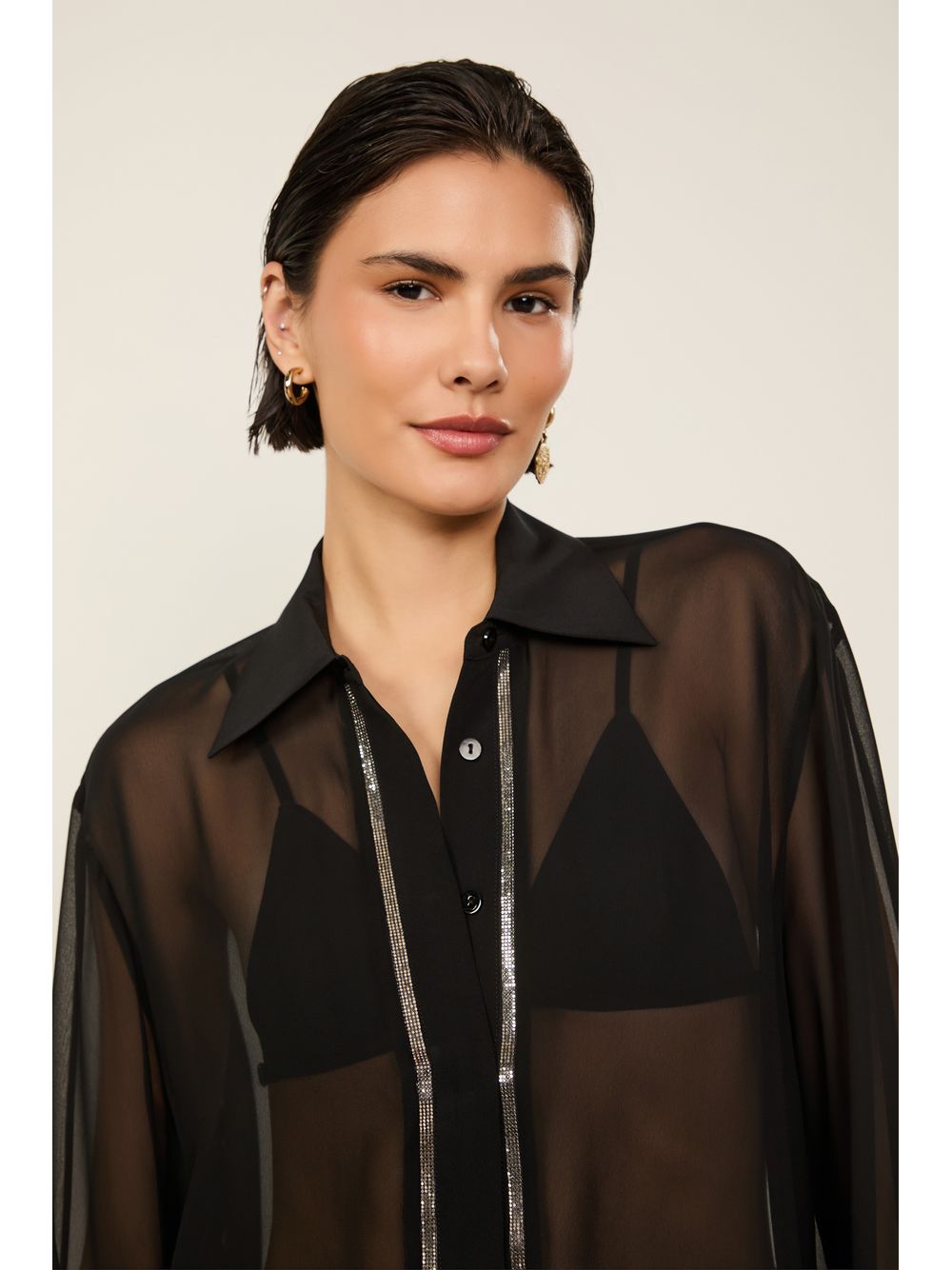 Animale — Camisa De Georgette Preta Manga Longa Com Strass