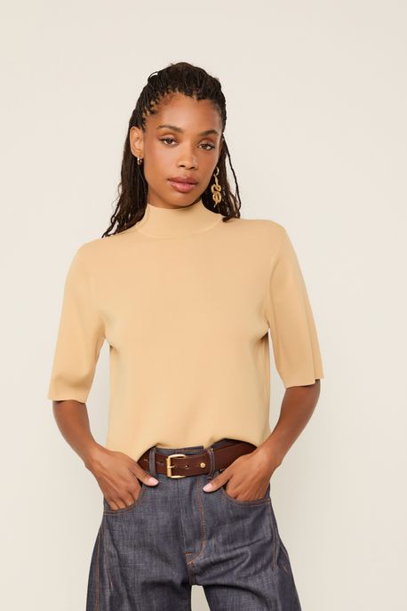 T-Shirt De Tricot Gola Alta Básica Bege Sisal - P