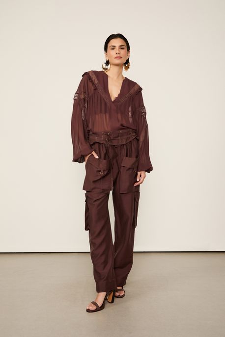 Bata De Georgette Marrom Dries Com Entremeios Marrom Dries - 36