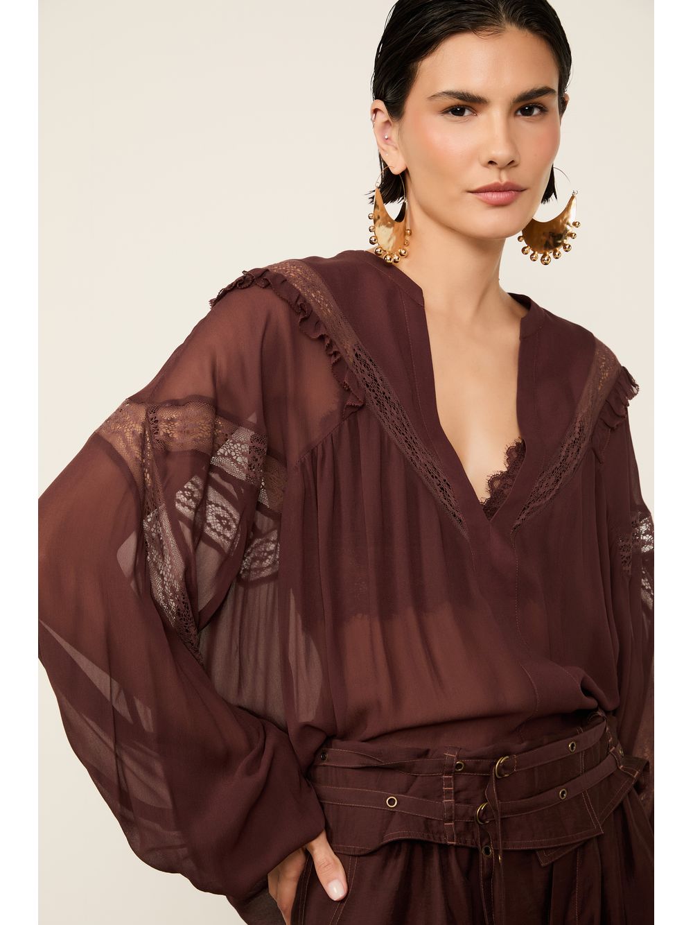 Animale — Bata De Georgette  Marrom Dries Com Entremeios