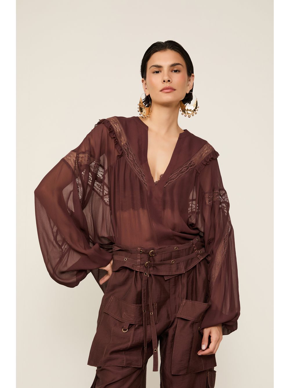 Animale — Bata De Georgette  Marrom Dries Com Entremeios