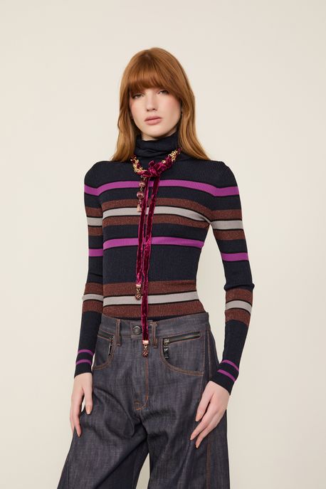 Blusa De Tricot Com Lurex Listras Colors Azul Denim/ Preto/ Lilac/ Prata/ Marrom - G