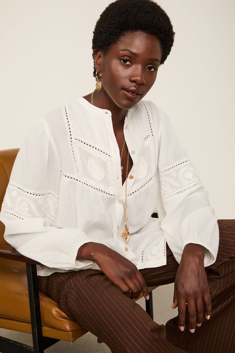 Camisa Bata De Voil De Algodão Bordado Paisley Off White Off White - 38