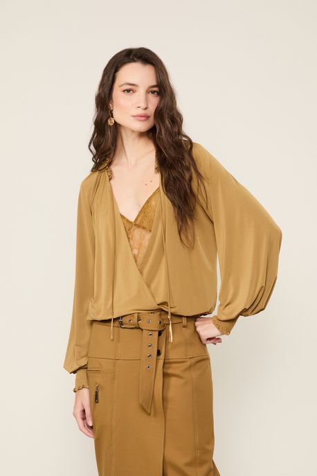 Blusa Jersey Manga Longa Franzida Verde Antique - G