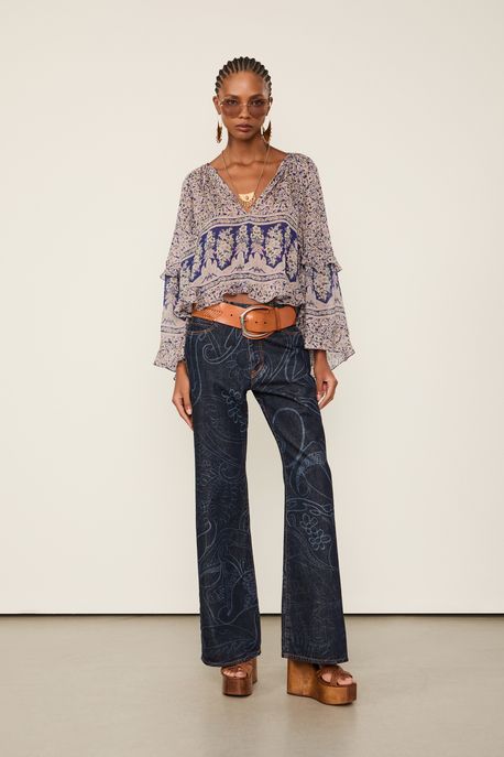Bata De Georgette Estampanda Manga Ampla Est Loc Liberty Pallenberg Azul Bata