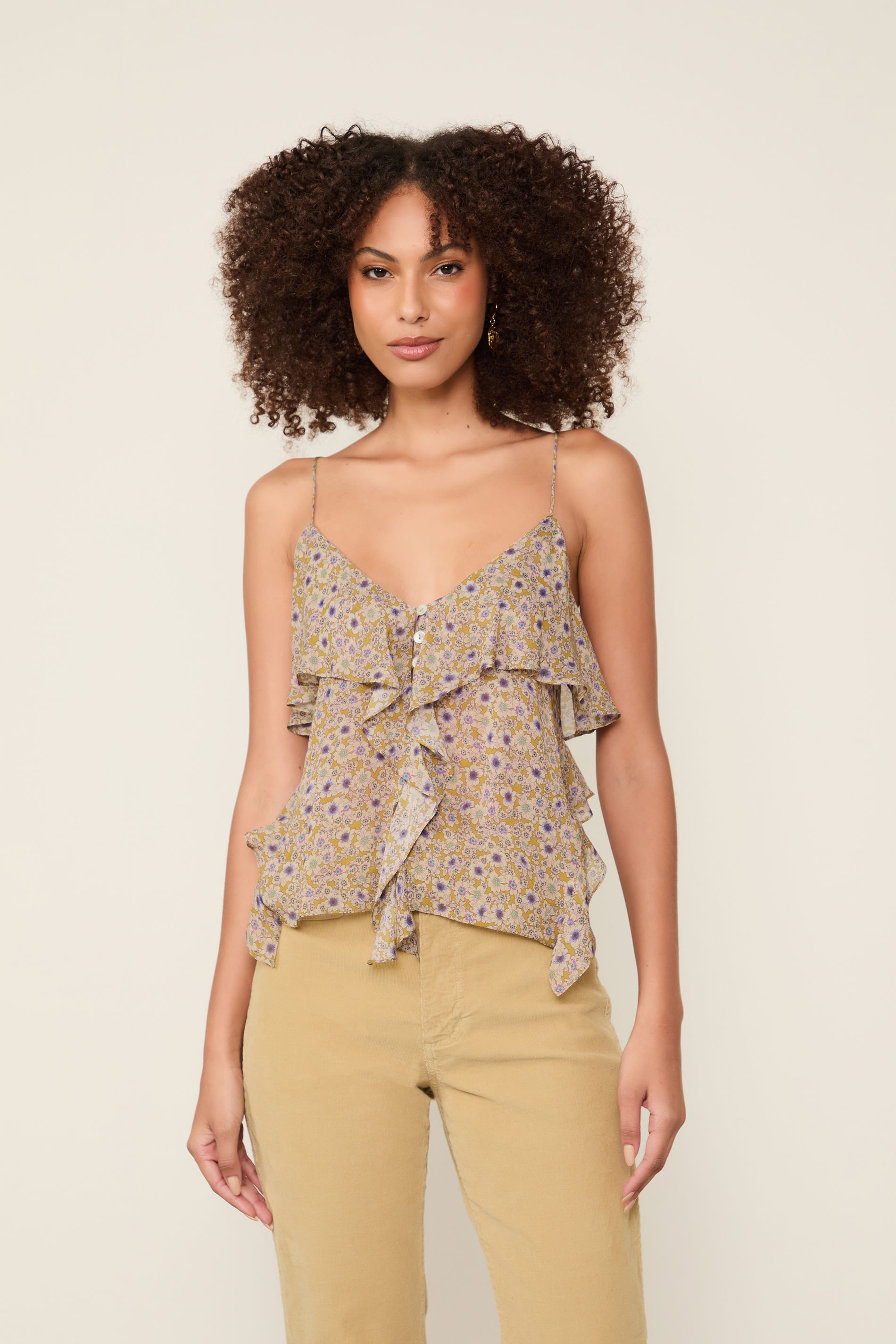 Blusa De Georgette De Alcinha Estampada Babados