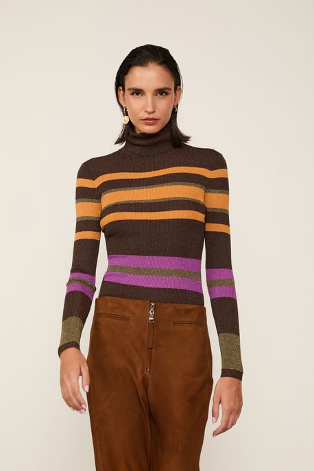 Blusa De Tricot Manga Longa Listra Colorida Marrom Dries/Verde Marche/Laranja Veludo - P