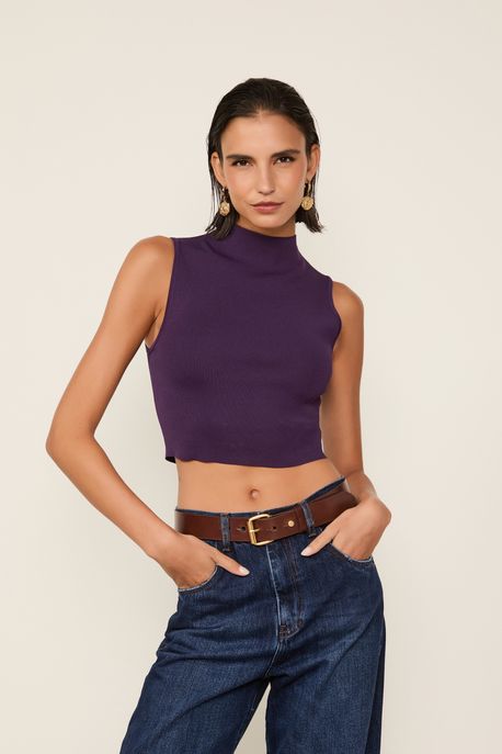 Blusa Básica De Tricot Cropped Gola Alta Azul Berry - G