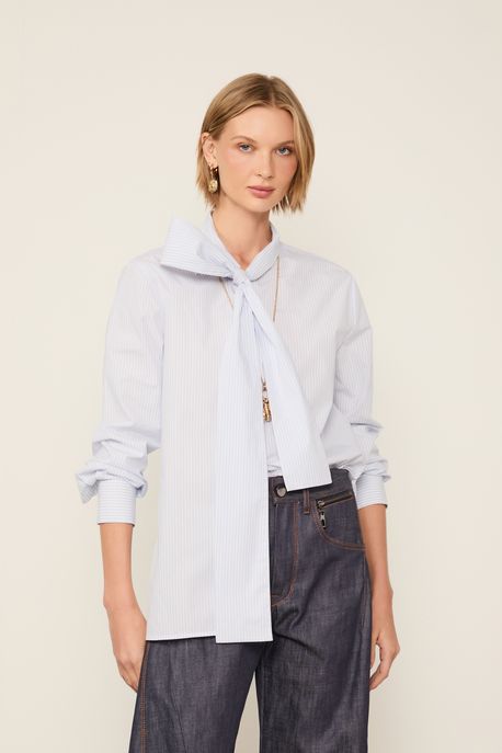 Camisa De Tricoline Com Laco Azul Claro - G