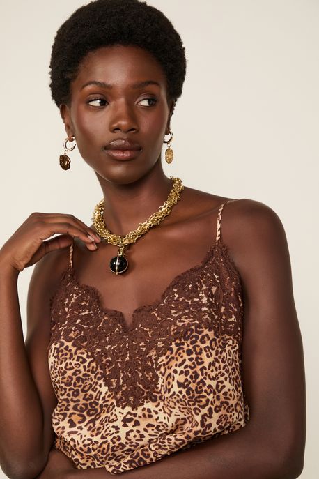 Top Cropped De Seda Estampa Onça Classic Detalhe De Renda Est Onça Classic Color m - 36