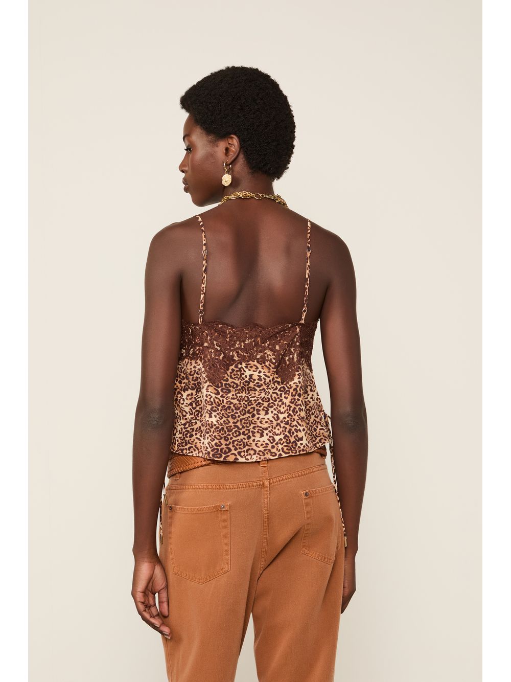 Animale — Top Cropped De Seda Estampa Onça Classic Detalhe De Renda