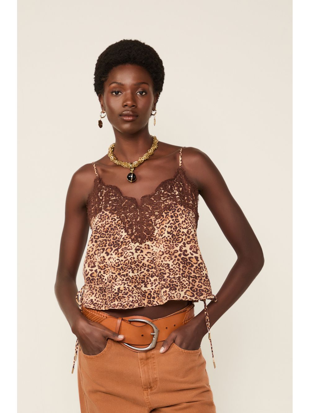 Animale — Top Cropped De Seda Estampa Onça Classic Detalhe De Renda