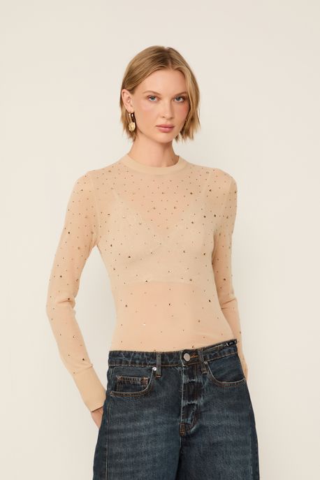Blusa De Tricot Transparente Com Hotfix Bege Sisal - M