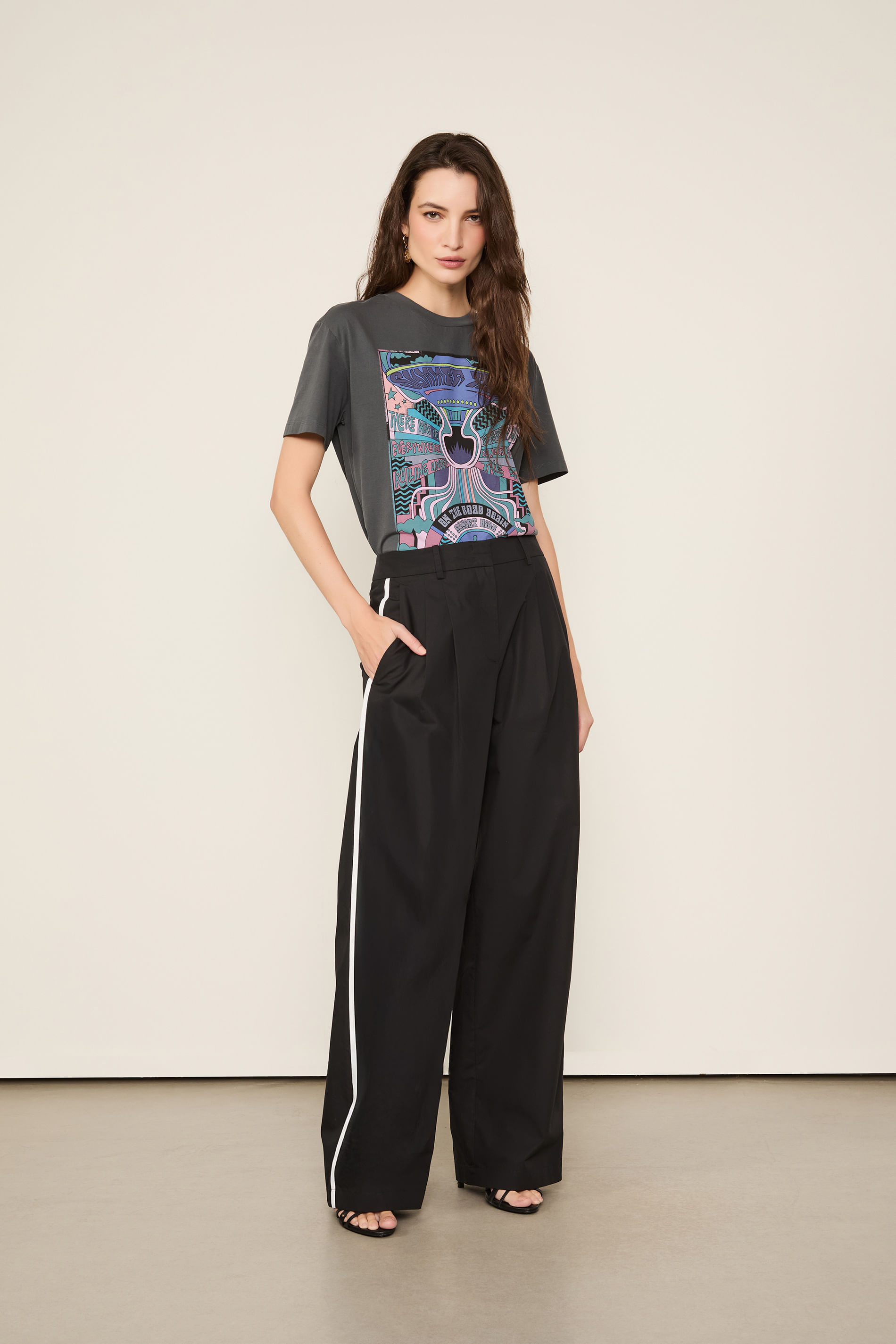 Calça De Algodão Detalhe Viés Na Lateral Preto