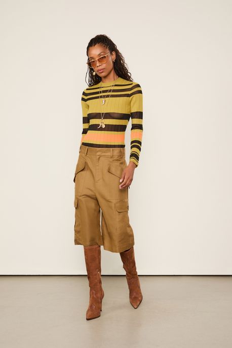 Blusa De Tricot Manga Longa Listrada Com Transparência Verde Antique/ Laranja Sun - G