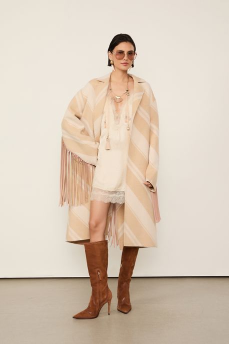 Casaco De Lã Estampado Com Detalhes De Franjas Em Couro Bege - U