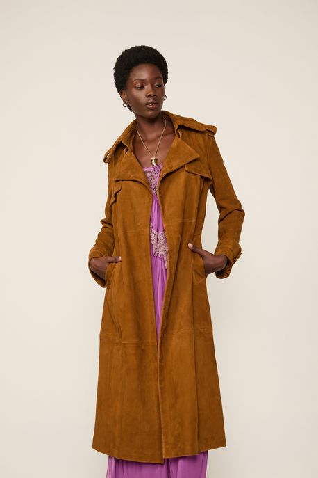 Trench Coat De Chamois Longo Classico Caramelo - G