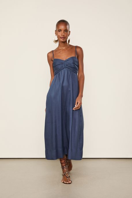 Vestido Com Linho Midi Azul Denin Azul Denin - 44