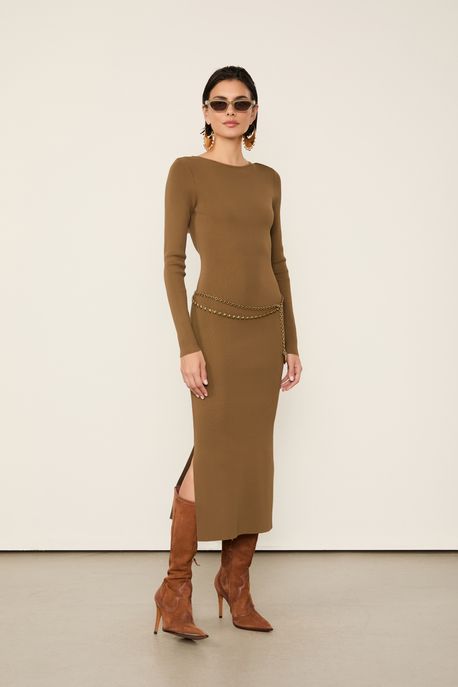 Vestido De Tricot Midi Com Abertura Costas e Fechamento Metal Verde Marche - P